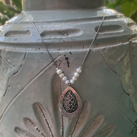 PAZ Sterling Silver & Freshwater Pearl Hammered & Scrolling Necklace in Israel - Picture 7 of 12